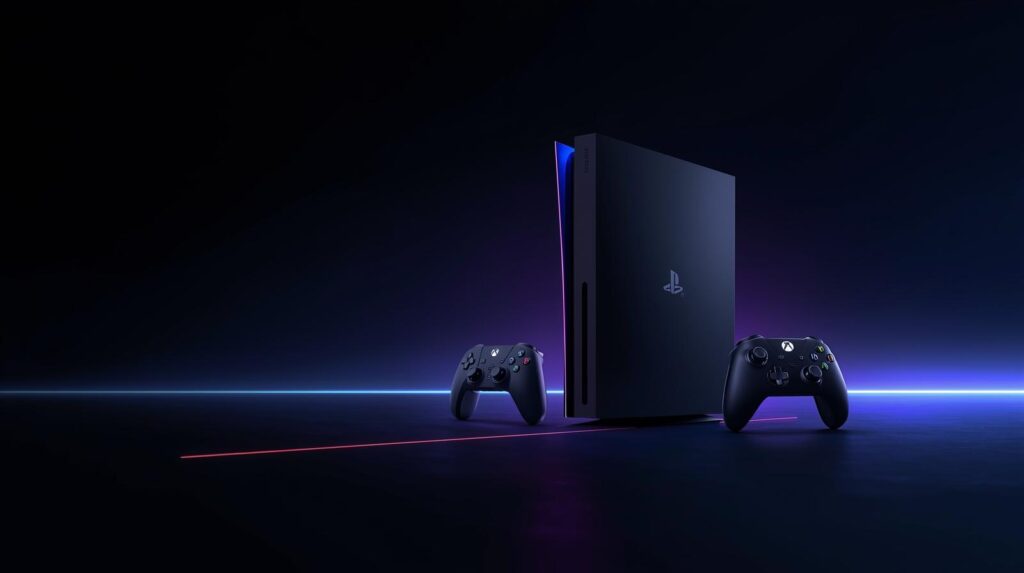 Best gaming consoles comparison banner featuring PlayStation Xbox and Nintendo Switch with modern dark gaming background