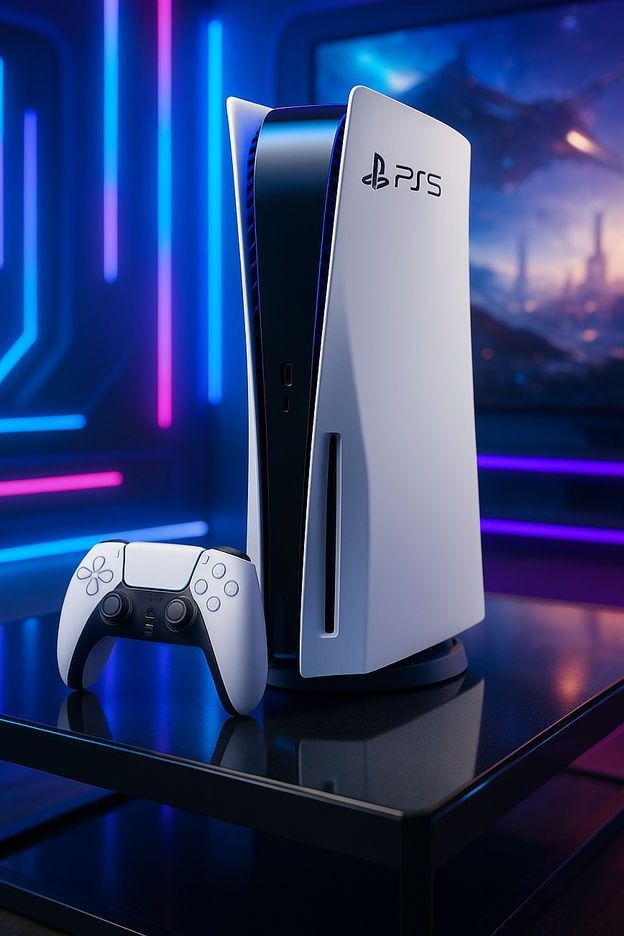 PlayStation 5 Slim gaming console with DualSense controller featuring sleek design and modern next gen performance