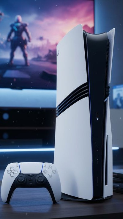 PlayStation-5-Pro-console-with-DualSense-controller-showcasing-enhanced-next-gen-gaming-performance