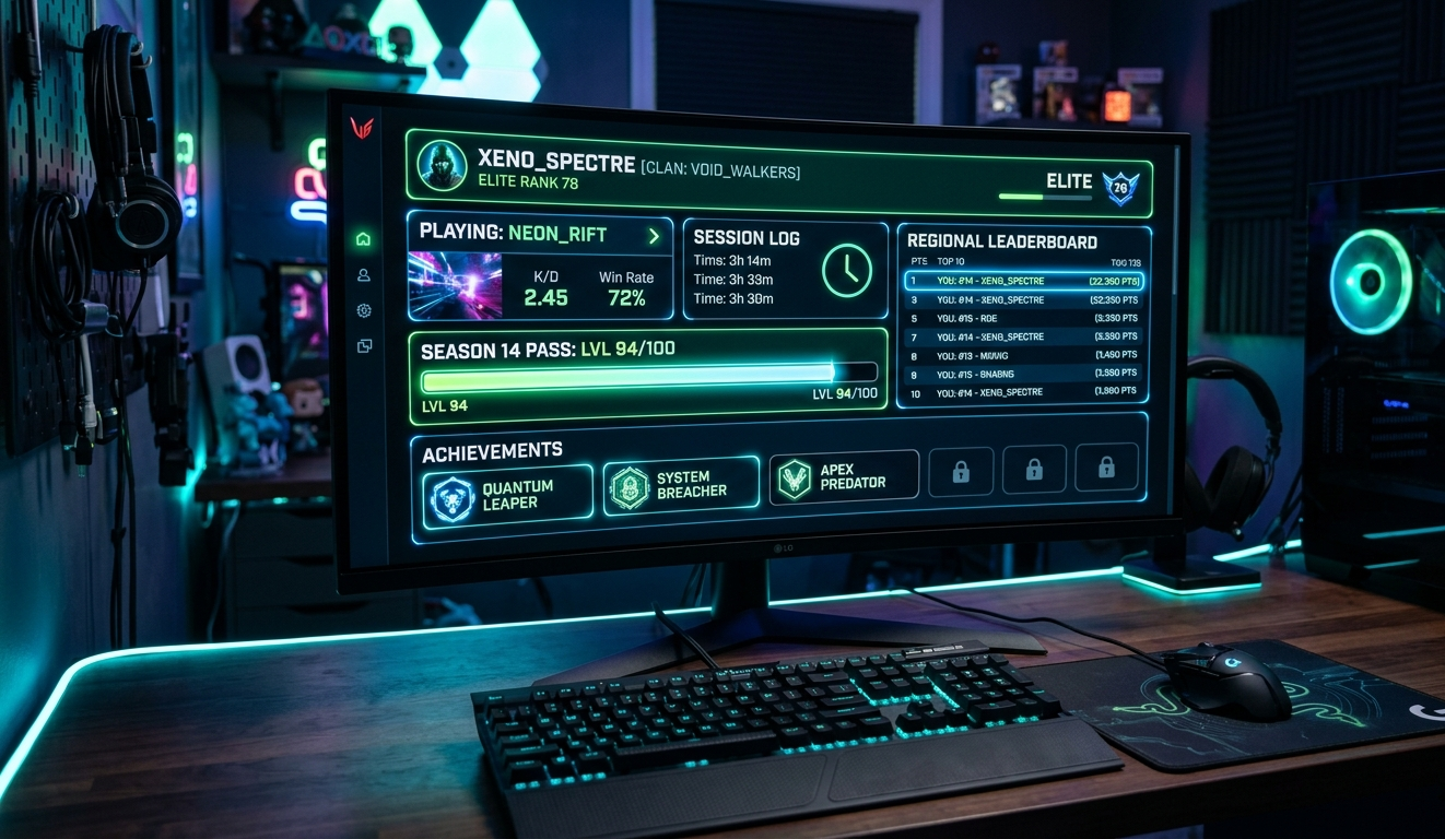 Modern gaming dashboard setup with neon UI, RGB lighting, and game statistics display for GameTechPlus website