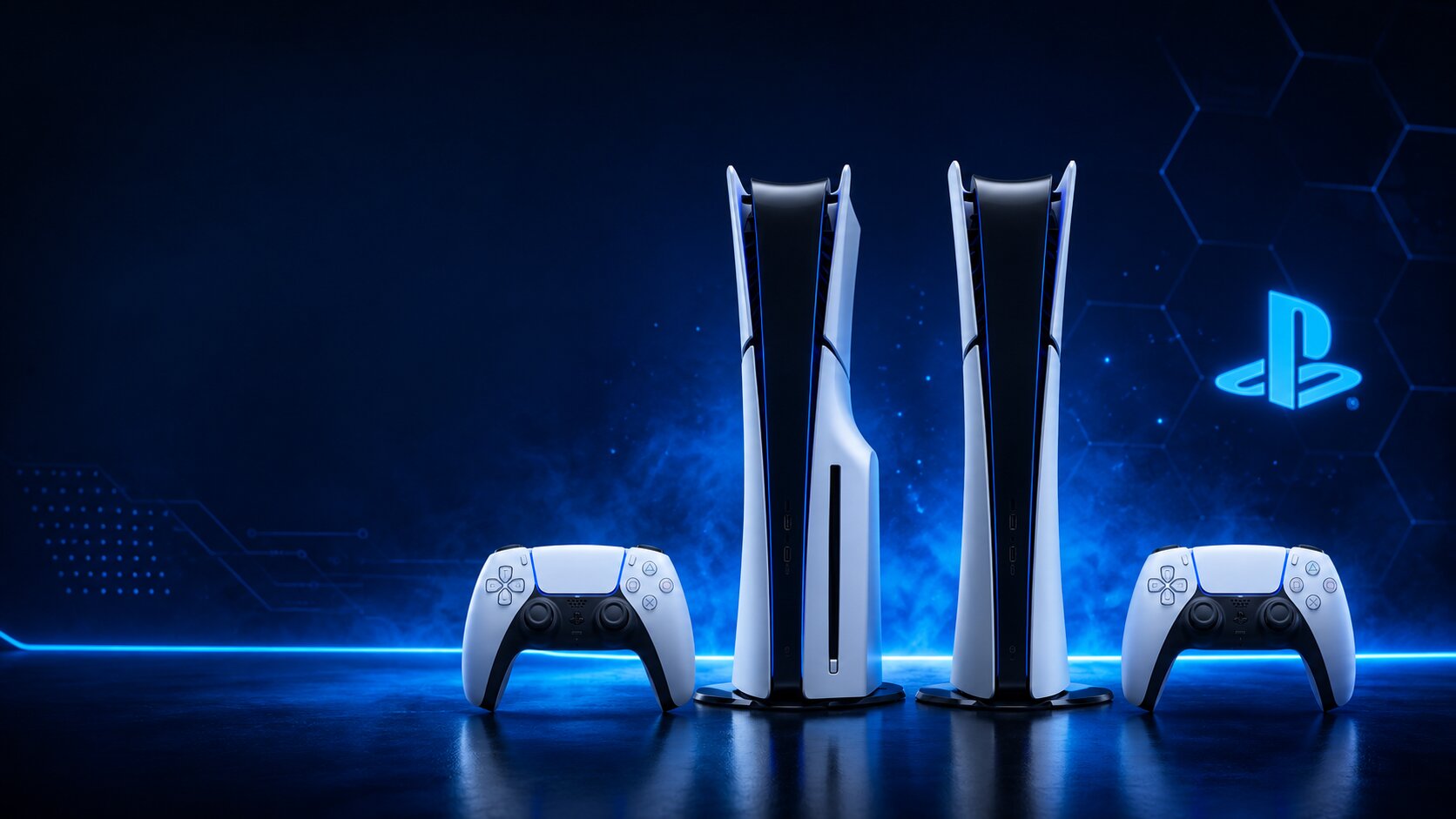 PlayStation 5 Disc Edition and Digital Edition consoles with DualSense controllers in a futuristic blue gaming setup for PS5 review 2026