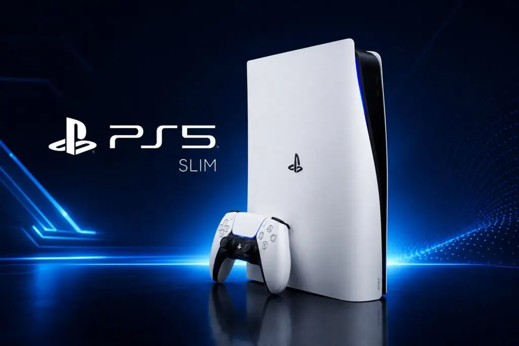 PlayStation 5 Slim console with DualSense controller in futuristic blue neon background for PS5 Slim review article