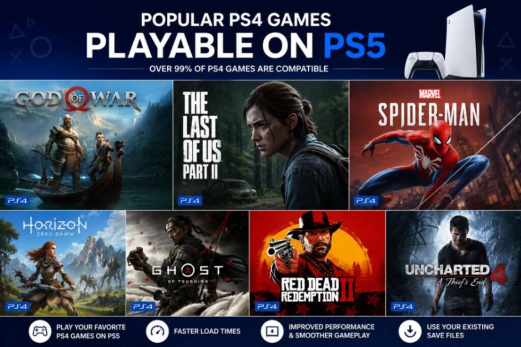 Popular PS4 games including God of War, Spider-Man, and The Last of Us Part II playable on PS5