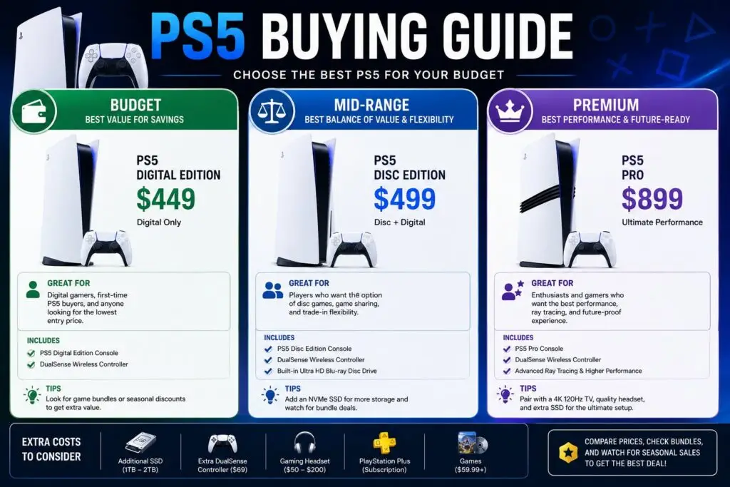 PS5 buying guide comparing budget mid range and premium options