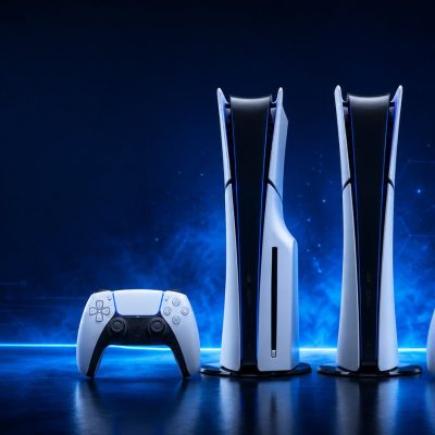 PlayStation 5 Disc Edition and Digital Edition consoles with DualSense controllers in a futuristic blue gaming setup for PS5 review 2026