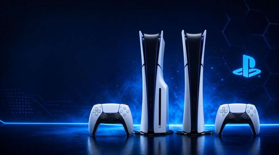 PlayStation 5 Disc Edition and Digital Edition consoles with DualSense controllers in a futuristic blue gaming setup for PS5 review 2026