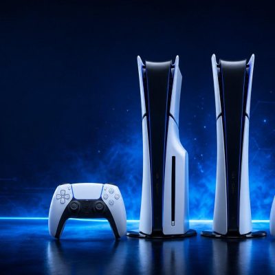 PlayStation 5 Disc Edition and Digital Edition consoles with DualSense controllers in a futuristic blue gaming setup for PS5 review 2026